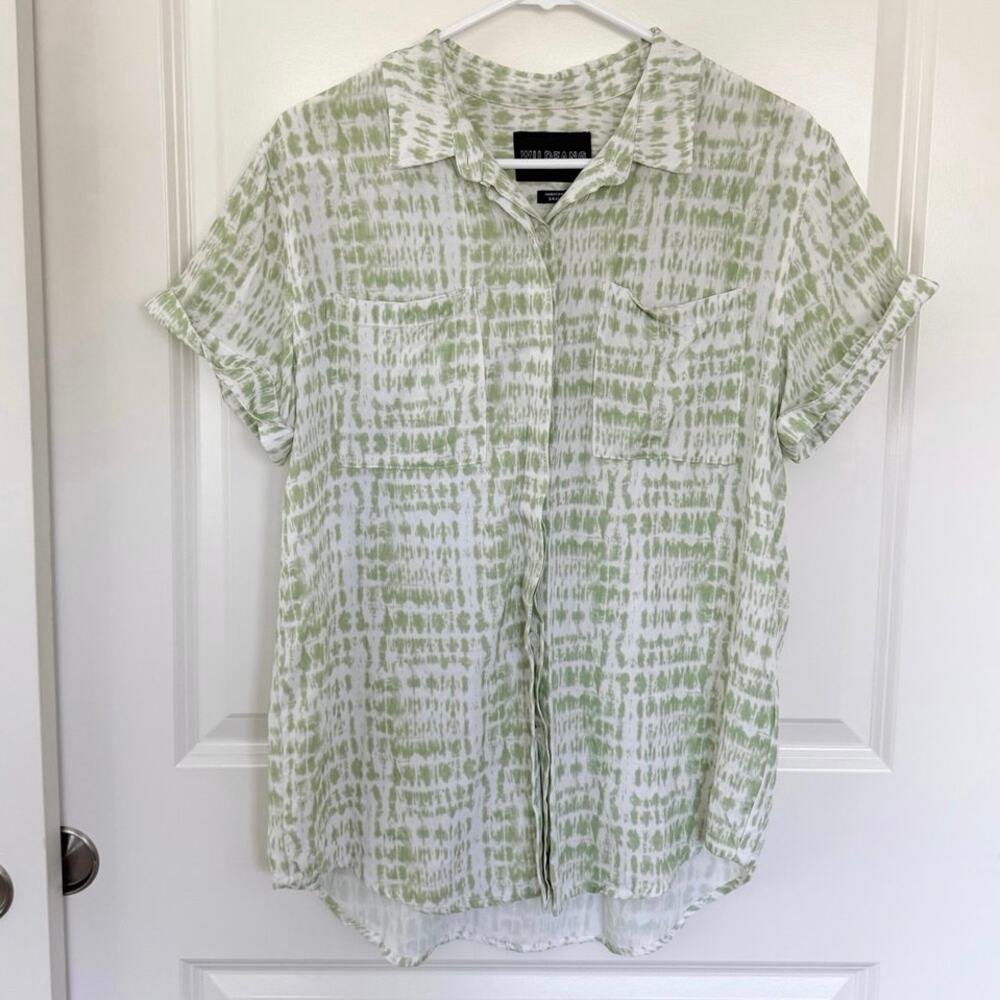 WILDFANG The Empower SS Button Up Camp Shirt Green White Small
